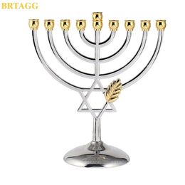 BRTAGG Hanukkah Menorah Silver Color Full Size Non Tarnish - Je 9 Branch Candlestick Candle Holders Crismas Holy Land Gift 211105