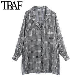 TRAF Women Fashion With Pockets Oversized Houndstooth Blouses Vintage Long Sleeve Side Slit Hem Female Shirts Chic Tops 210415