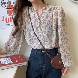 Sping and Autumn Long Sleeve Woman's Shirts Printed Puff Loose Women Clothing Short Chiffon Blouses Cardigan 10314 210508