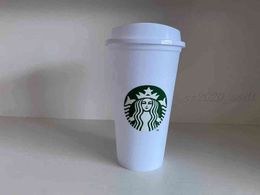 Hot Starbucks plastic cup can be reused transparent drinking flat bottom cup column cover straw milk tea cup H1102