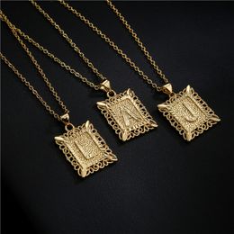 Initials Pendant Letter Name Necklace For Women Men Gold Colour Square Alphabet Charm Link Chain Couple Jewellery