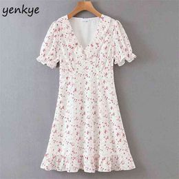 Sweet Women Floral Print Dress Lady Short Sleeve V Neck High Waist A-line Mini Summer XDS6658 210514