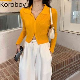 Korobov Spring New Sunscreen Knitted Sweaters Thin Zipper Turn-Down Collar Crop Top Streetwear Sweet Solid Cardigans 210430