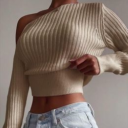 Autumn Winter Women's Fashion Solid Sweater Long Sleeve Diagonal Collar Off-shoulder Knitwear Tops Female Warm Sweaters 210521