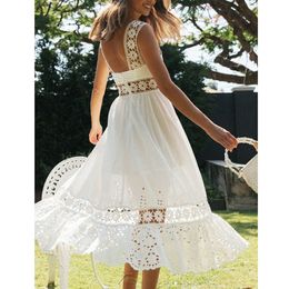 Summer Women Maxi Spaghetti Strap Hollow Out White Lace Vocation Long Tunic Beach Dress 210415