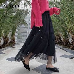 Spring Summer Bead Printed Mesh Pleated Women's Long Skirts Elegant High Waist Female Umbrella Maxi 210428