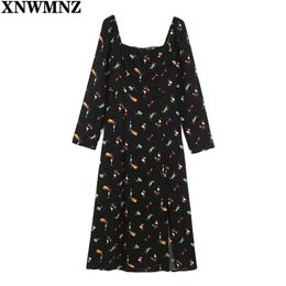Elegant Black Long Sleeve Women Midi Dresses Spring Cartoon Fruit Print Split Dress Summer France Chiffon Vestido 210520