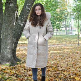 Winter Women 90% White Duck Down Coat Fur Collar Hooded Long Jacket Casual Loose Thick Warm Parkas Outerwear 210423