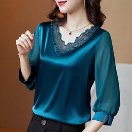 Spring/Autumn Korean Fashion Silk Women Blouses Satin Mesh Long Sleeve Shirt Office Lady Blusas Plus Size XXXL/5XL Womens Tops 210531