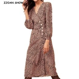 French V neck Front Slit Leopard Print Wrap Dress Vintage Woman Bow Lacing up Waist Short Sleeve Tea Dresses Vestido 210429