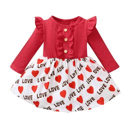 1-4Y Valentines Day Toddler Kid Girl Red Dress Long Sleeve Ruffles Heart Print Dresses For Girls 210515