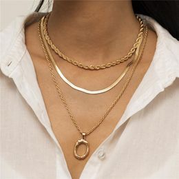 Geometric Elliptical Ring Pendant Necklaces Multi Layer Alloy Gold Snake Chain Women Skirt Dress Twist Necklace Ornaments Accessories