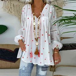 Star Print Plus Size Womens Tops And Blouses Spring Casual Hollow out Long Sleeve Tunic Female V Neck Loose Shirts 210719