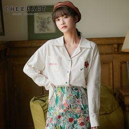 White Long Sleeve Lapel Korean Blouse Women Loose Embroidered Floral Top Button Up Shirt Casual Autumn Clothes 210427