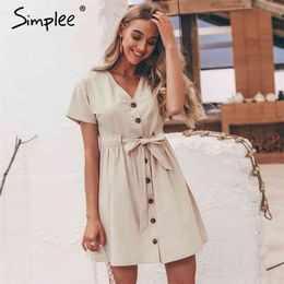 Simplee Vintage buttons women dress shirt V neck short sleeve cotton linen short summer office dresses Casual korean vestidos 210409