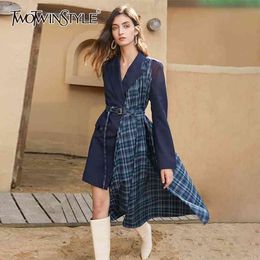 Patchwork Printed Plaid Dress For Women Notched Long Sleeve High Waist With Sashes Irregular Hem Mini Dresses Lady 210520