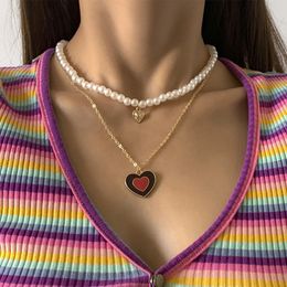 Vintage Imitation Pearl Necklace Neck Colar Red Heart Pendant Necklace Choker for Women Charm Boho Jewellery 2021 Trendy