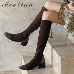 Genuine Leather Mid Heel Stretch Long Boots Women Shoes Square Toe Thick Heels Lace Up Knee High Autumn Winter 40 210517