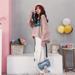Women Knit Pullover Jacket Autumn Winter Loose Lace-up Matching Sweater Feminino Knitted Coat Basic Sweaters Tops 210427