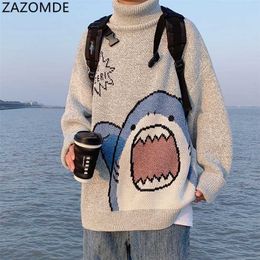 ZAZOMDE Men Turtlenecks Shark Sweater Men Winter Patchwor Harajuku Korean Style High Neck Oversized Grey Turtleneck For Men 211221