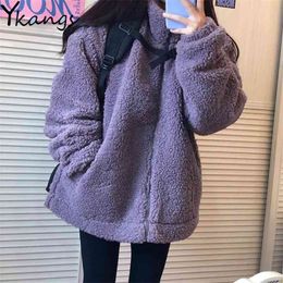 Winter Thick Warm Lamb Wool Women Coat Female Faux Fur Purple Jacket Korean Ladies Casual Parkas Streetwear Plush Fleece Top 210421