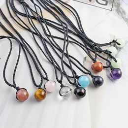 Natural Round Minerals Healing Stone Beads Pendant Necklace Jewelry For Lucky Women Men Handmade Black Rope Chain Gifts Bulk