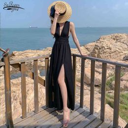 Spring Fashion Backless Chiffon Dress Women Sleeveless Long es Beach Style Sexy Black Summer 13235 210521