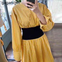 Patchwork Women Solid Striped Maxi Dress Long Sleeve V Neck High Waist Chic Korean Robe Arrivals Lady 210601