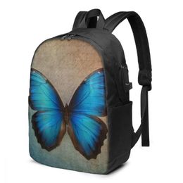 -Sacchetto di scuola dello zaino per ragazzo e ragazza Vintage Blue Butterfly con USB Carica Divertente Daypack Adolescente Studente