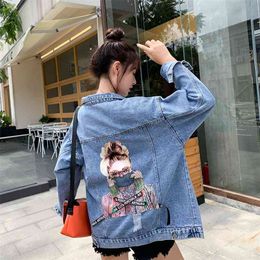 Autumn Women's Denim Jacket Jeans Coat Print Chic Harajuku Frayed Beaded Short Casual Loose Spring Ladies 210914