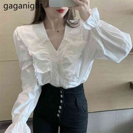 Spring V Neck Women Shirts Casual OL Elegant Tops Flare Long Sleeve Korean White Blouses Hollow Out Blusas 210601