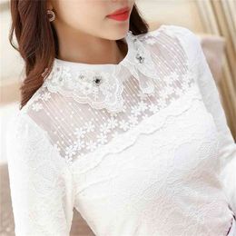 Women Embroidery Lace blouses Female Long Sleeve Korean Doll Collar Bottom Shirt Turn-down Collar Tops Plus Size 3XL 210401