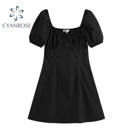 Summer Crop Dress Women Short Sleeve Korean Square Collar High Waist Slim Black Mini Dresses Female Party Club Beach Frocks 210515