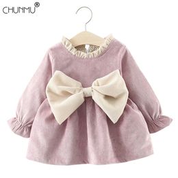 Autumn Casual Dresses For Baby Girls Solid Long Sleeve Big Bow Infant Party Kids born Birthday 210508