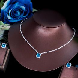 Earrings & Necklace CWWZircons Shiny Square Cut Cubic Zirconia Light Blue Jewelry Set For Women White Gold Color Bridal Wedding Party T576