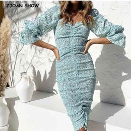 Package Hips Dot Print Long sleeve Dress Elegant Women Lacing up Elastic Ruched Mid Party Dresses Slim fit Vestido 210623