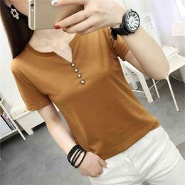 Women Summer Fashion V-neck Button Short Sleeve T Shirt 90s Femme Ccasual Loose Tee All-match Cotton Top Streetwear Black 210604