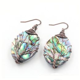 Antique Copper Wire Wrapped Handmade Tree of Life Dangle Earrings with Oval Abalone Paua Shell 5 Pairs