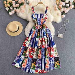 Women's Summer Fashion Sexy Sleeveless Printed Holiday A-line Dress Clothing Korean Vintage Vestidos De Mujer S621 210527