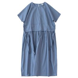 PERHAPS U Blue Short Sleeve O Neck Midi Dress Loose Casual Solid Summer D0549 210529