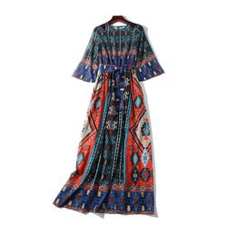 O Neck Half Sleeve Print Green Geometric Boho Bohemian Maxi Long Dress Beach Vocation D1186 210514