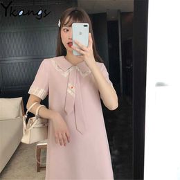 Summer Plaid Lace Flowers Embroidery Chiffon Dress Women Patchwork Short Sleeve Turn Down Collar Tie Preppy Pink Dresses Female 210619