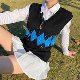 Argyle Plaid Y2k Knitted Sweater Vest Women Warm Female Winter Sleeveless V Neck Crop Top Aesthetic Autumn Preppy Style 210510