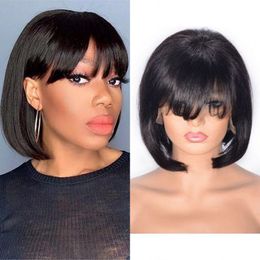 8 inch 13*4 Straight Lace Front Wigs with Bangs Short Brazilian Remy Human Hair Bob Wig Bleached Knots