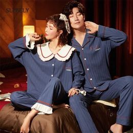 SLPBELY Cotton Couple Pajamas Set Homesuit Autumn Winter Cute Cartoon Lovely Lapel Long Sleeve Men And Women Nightwear Pyjamas 211215