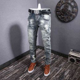 and Spring Autumn Elastic Straight Slim Fit Jeans Men's Fashion Brand Leisure Youth Nostalgic Hole Patch