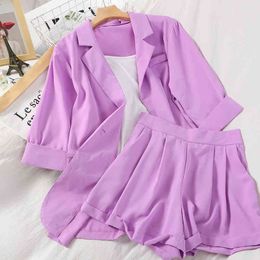 Three piece Sets collar mid-length shirt jacket with high waist loose thin curled wide-leg shorts three-piece suit women fashion 210420