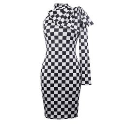 Women One Shoulder Bodycon Dresses Plaid Halter Long Sleeve Knee Length Evening Party Celebrate Event Robes Plus Size for Ladies 210527