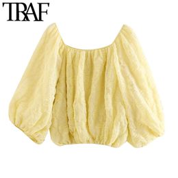 TRAF Women Fashion Jacquard Knitted Loose Blouses Vintage Slash Neck Puff Sleeve Elastic Trims Female Shirts Chic Tops 210415