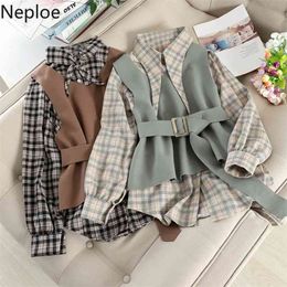 Neploe Retro Plaid Single-breast Loose Bottom Shirt + Slim Waist Belt Woolden Vest Autumn Elegant 2 Pcs Women Set 46998 210925